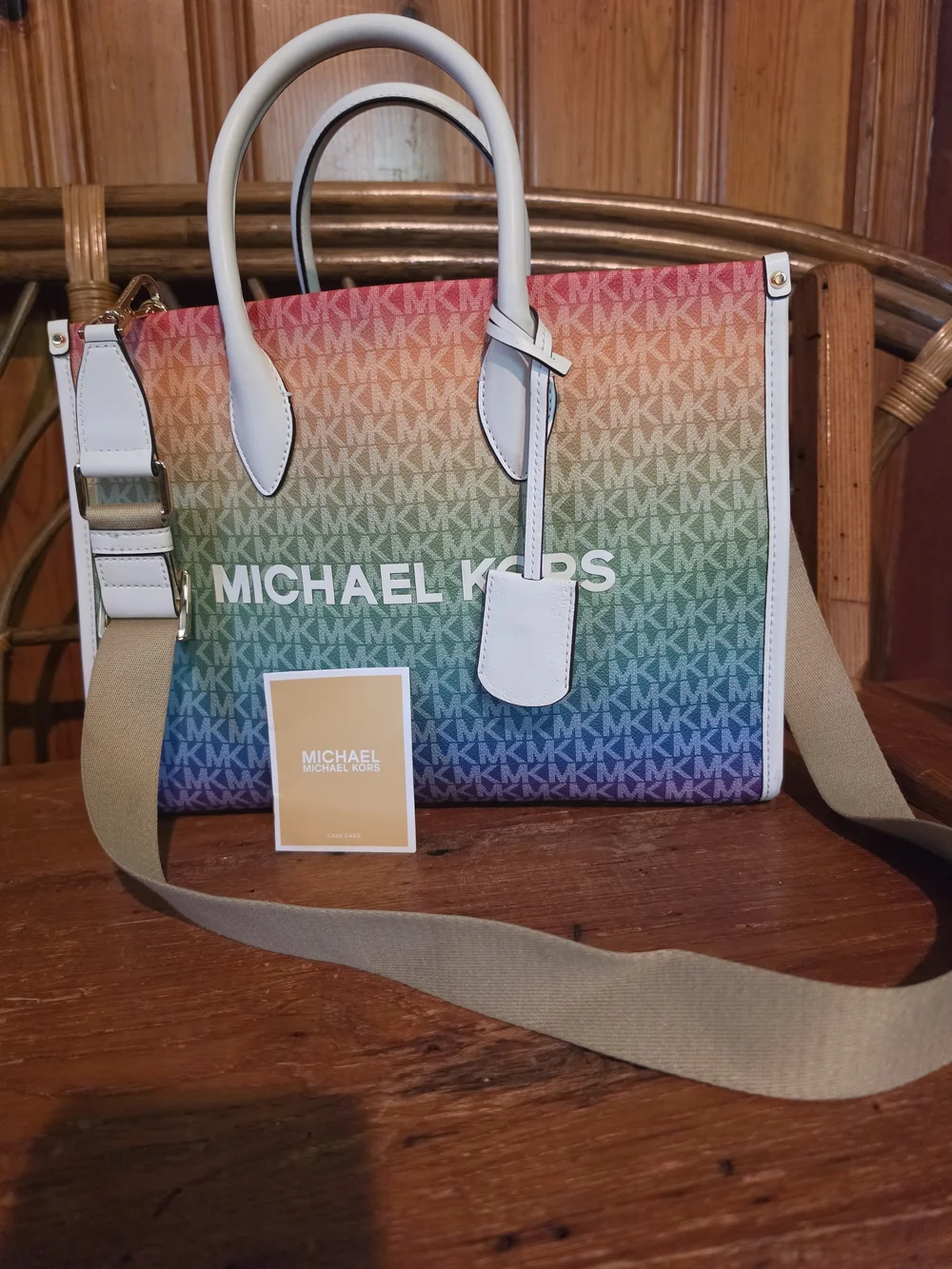 Michael Kors Rainbow Logo Tote with White Trim and Tan Strap